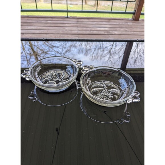Vintage Clear Pressed Glass Berry/ Dessert Bowl Set Of Two Bottom Bubble Handles - Picture 1 of 13